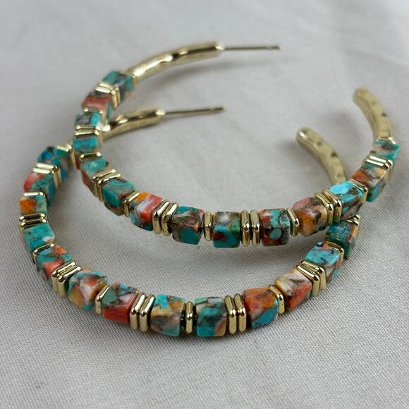 Kendra Scott Ember Gold Plate Hoop Earrings Bronze Veined Turquoise Red Oyster - Picture 1 of 12
